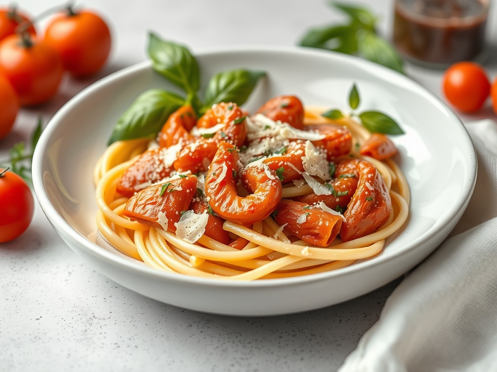 A bowl of creamy tomato basil pasta with fresh tomatoes and basil on the side.