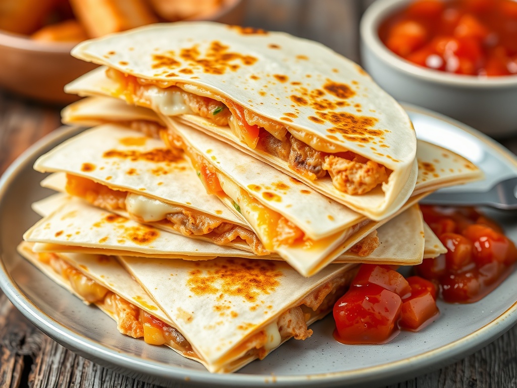 Delicious chicken quesadillas stacked on a plate with salsa.