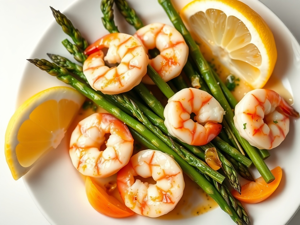 Plate of garlic butter shrimp and asparagus with lemon slices