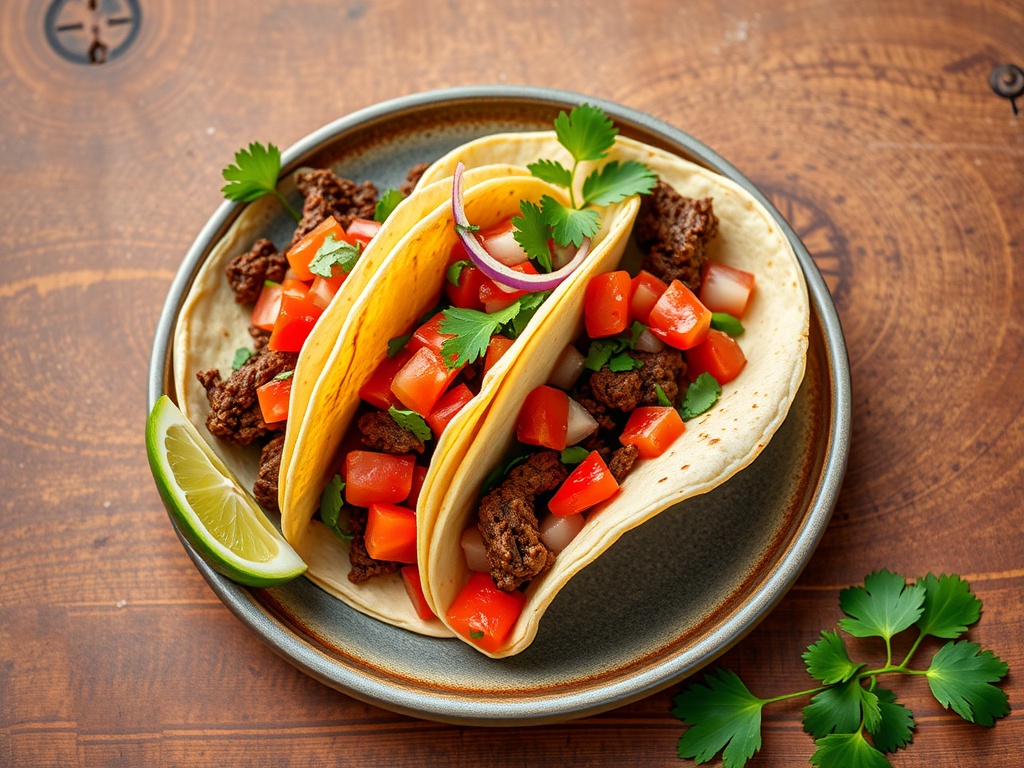 Plate of beef tacos topped with fresh salsa and cilantro