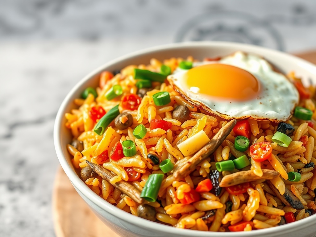 Bowl of veggie fried rice topped with a fried egg and garnished with green onions