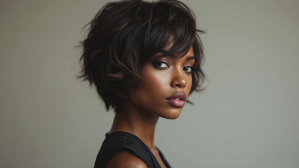 A woman with shaggy layers in afro-textured hair, showcasing an elegant style and natural curls.