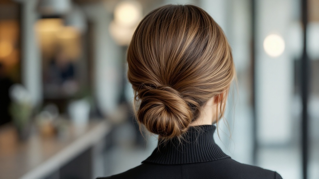 A woman with straight hair styled in a sleek low bun, showcasing elegance.