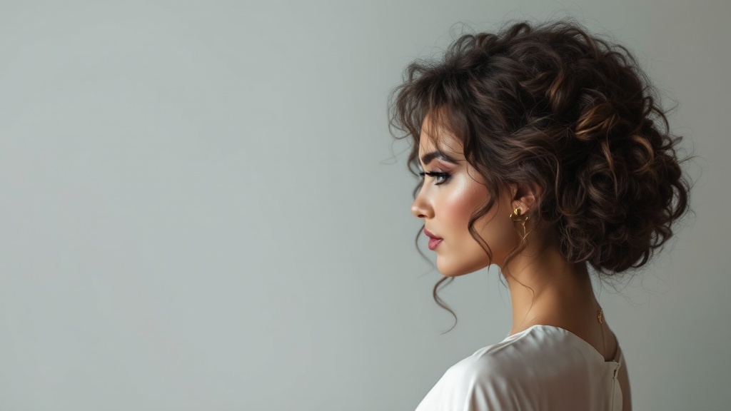 A woman with curly hair styled in a textured updo, showcasing soft tendrils around her face.