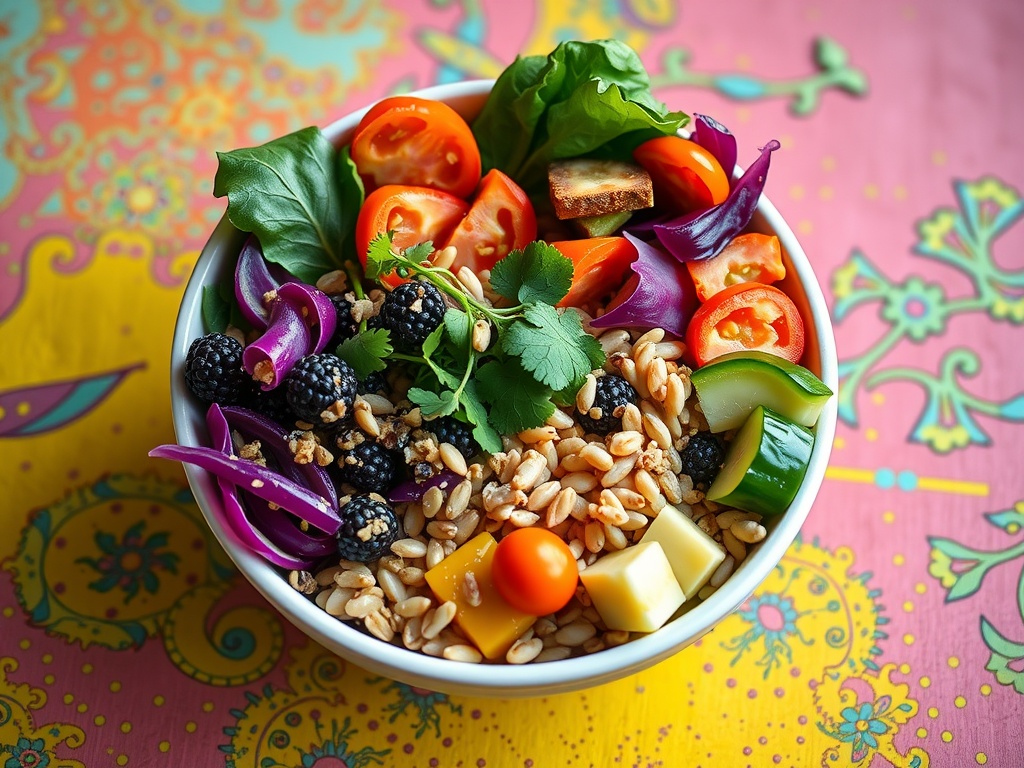 A colorful vegetarian Buddha bowl filled with grains, fresh vegetables, and berries.
