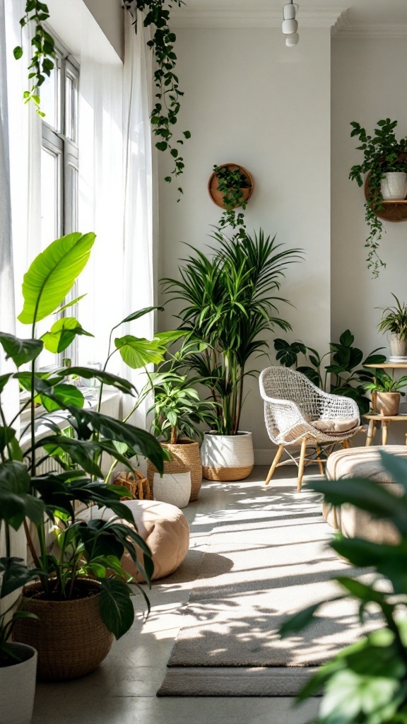 An open concept living room and dining room filled with various plants, showcasing a bright and fresh atmosphere.
