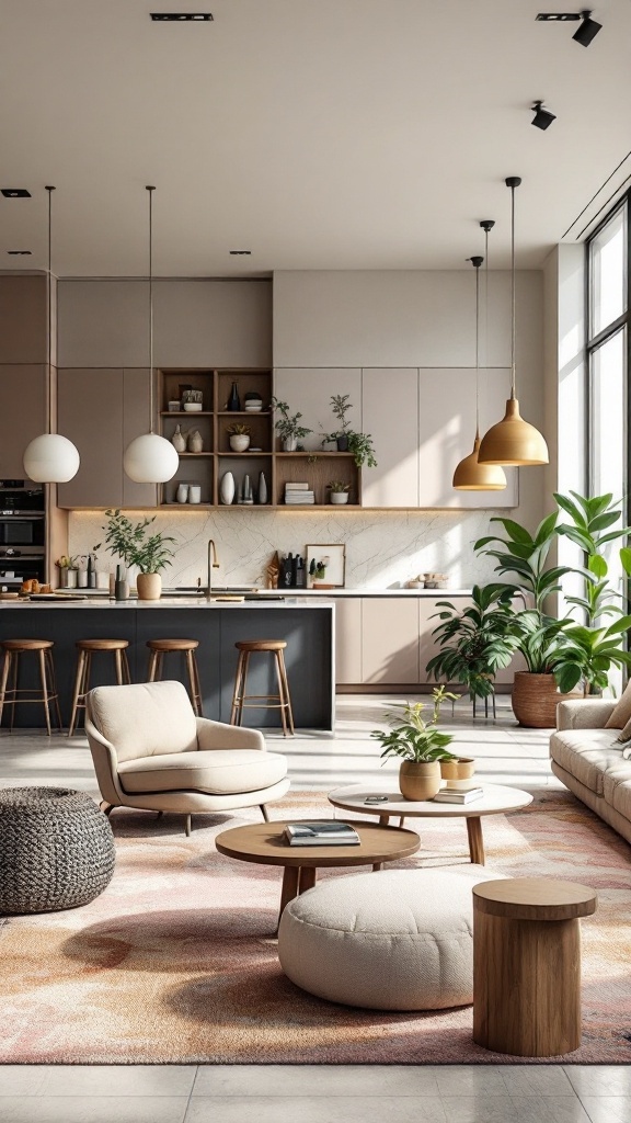 Open concept living and dining room with neutral tones, plants, and modern furniture