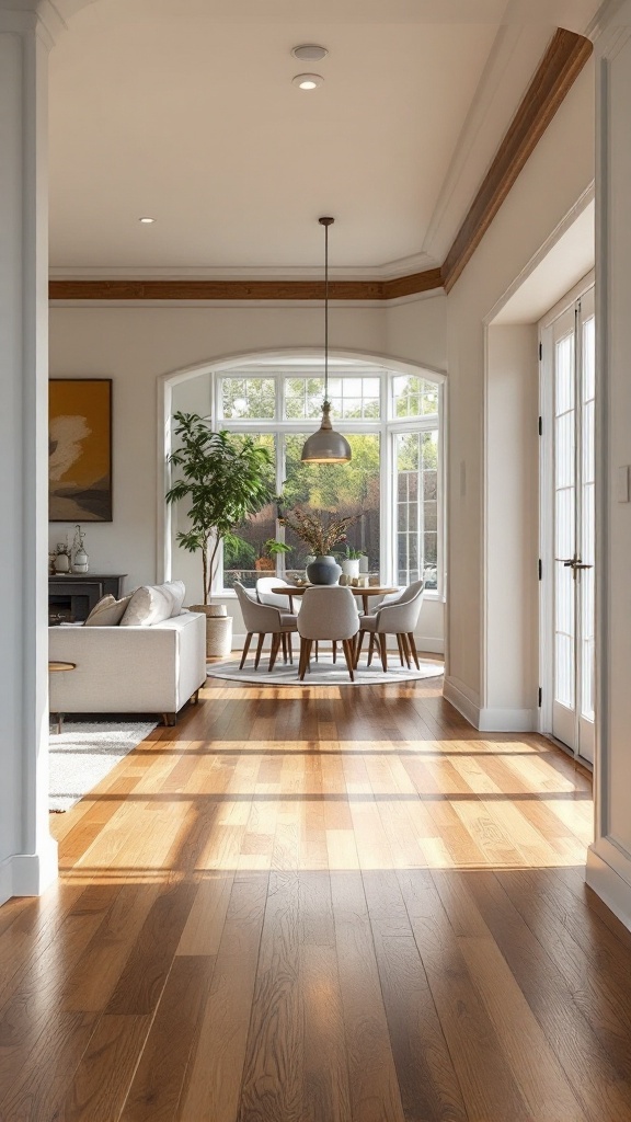 Open concept living room and dining room with wooden flooring and natural light