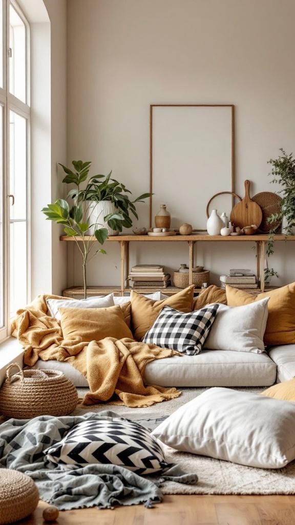 Cozy open concept living room with a sofa covered in cushions and a blanket, decorative items on a shelf, and scattered floor cushions.