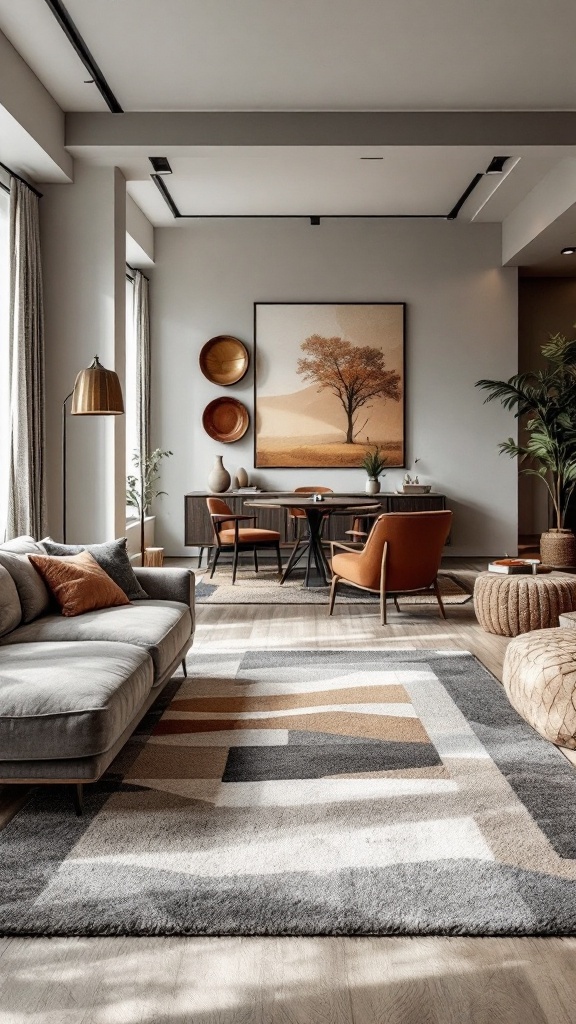A stylish open concept living room and dining room featuring a geometric rug, cozy seating, and warm decor.