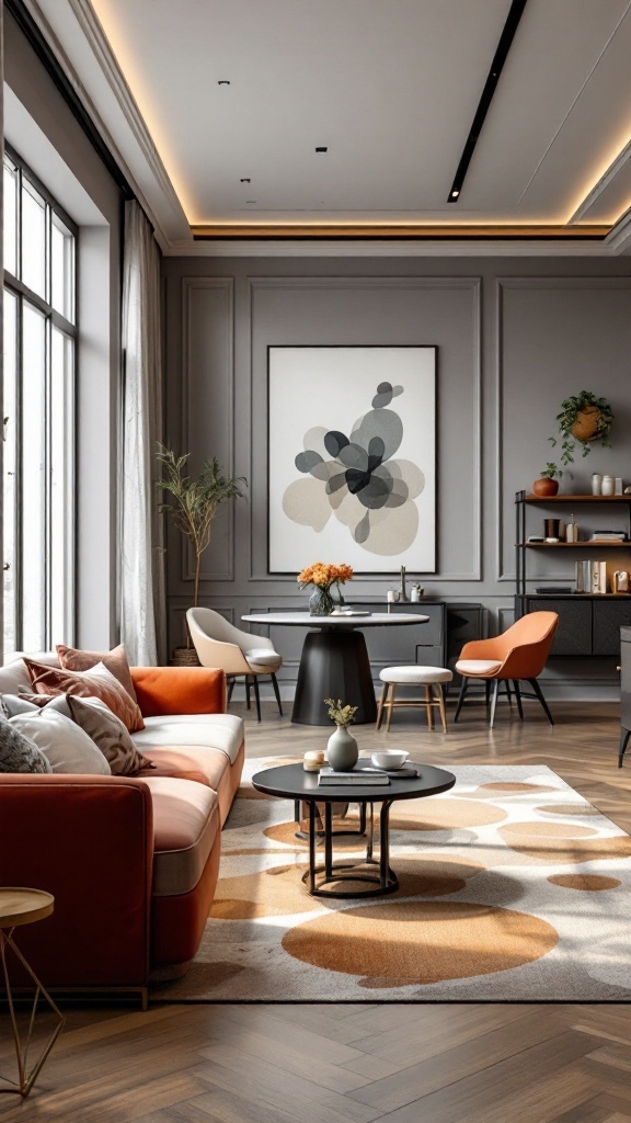 A beautifully designed open concept living room and dining room with modern decor, featuring an orange sofa, round coffee table, and elegant dining area.