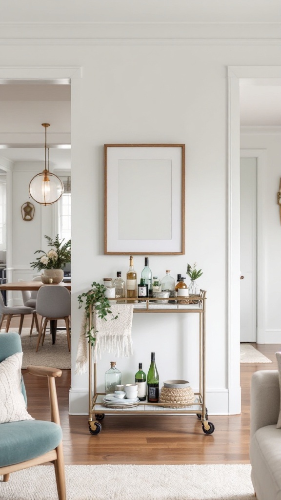 A stylish bar cart in a modern open concept living room and dining area.