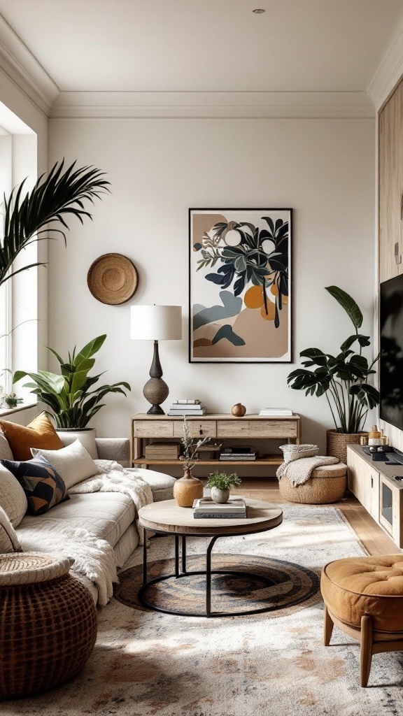 A cozy open concept living room featuring a mix of plants, artistic decor, and a warm color palette.