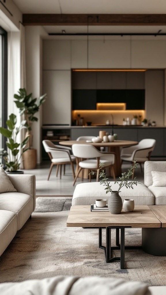 Image of an open concept living room and dining area featuring multi-functional furniture.