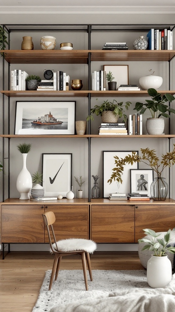 Open shelving with wooden shelves displaying books, plants, and decorative items in a living room.