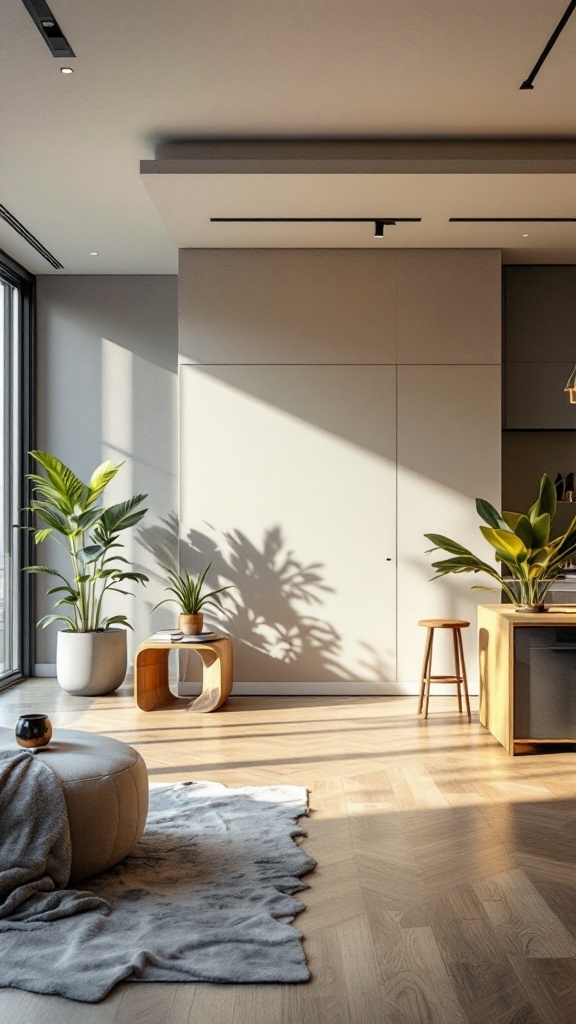 Modern open concept living room with plants, stylish furniture, and natural light.
