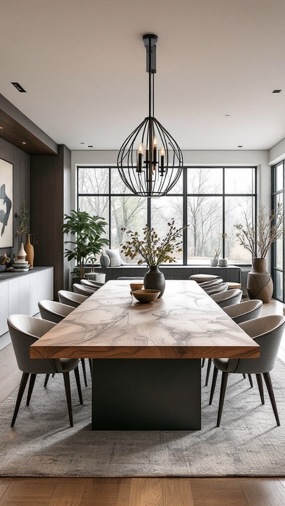 An open concept dining area featuring a large wooden dining table with modern chairs, a stylish light fixture, and ample natural light.