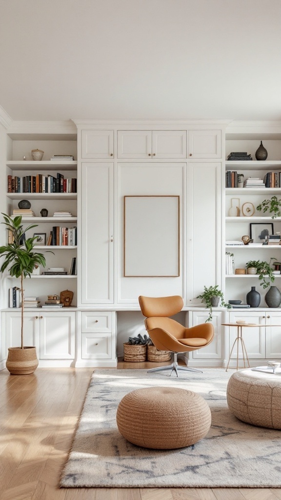 An open concept living room featuring a tall shelving unit, modern chair, and decorative elements.