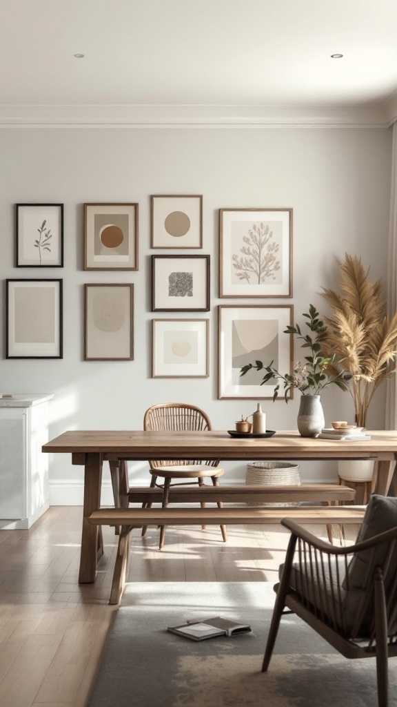 An open concept living room and dining room with framed artwork on the wall and a wooden dining table