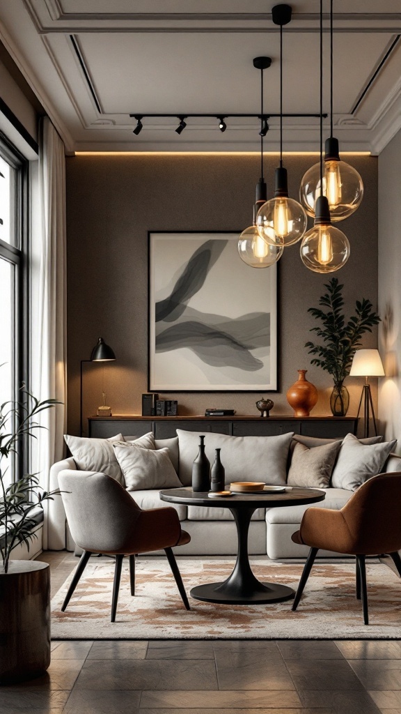 A modern open concept living room and dining room featuring stylish lighting fixtures.