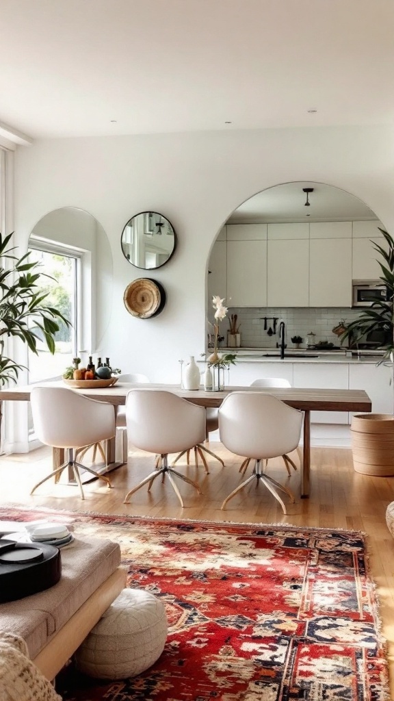 A stylish open concept living and dining room featuring round mirrors, a wooden dining table with white chairs, and plants.