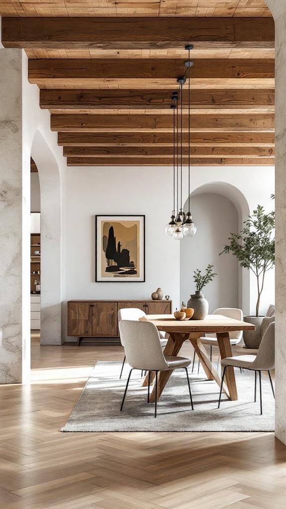 Open concept living room and dining room with wooden beams and modern decor