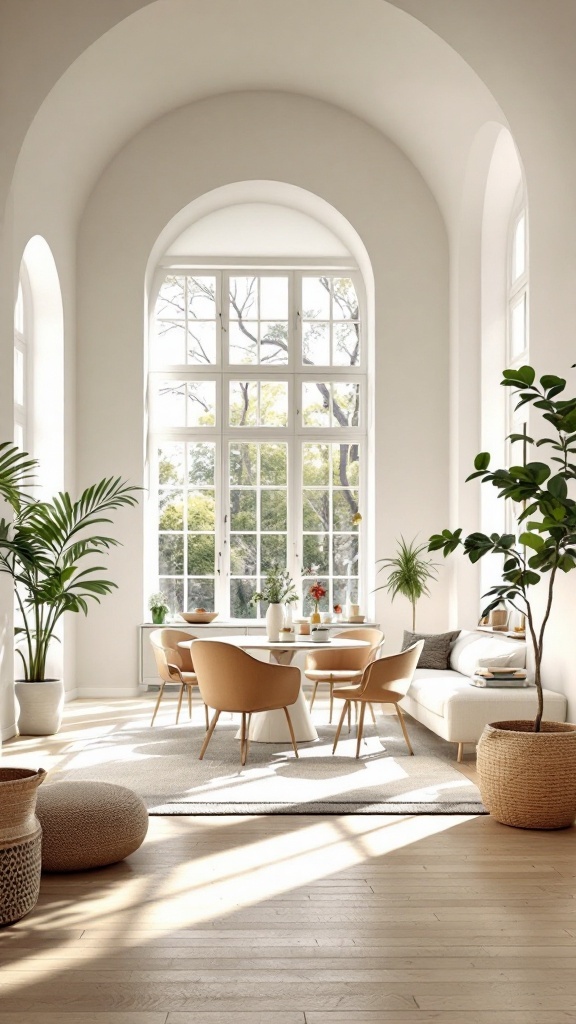 Bright open concept living room and dining room with large windows, light furniture, and plants