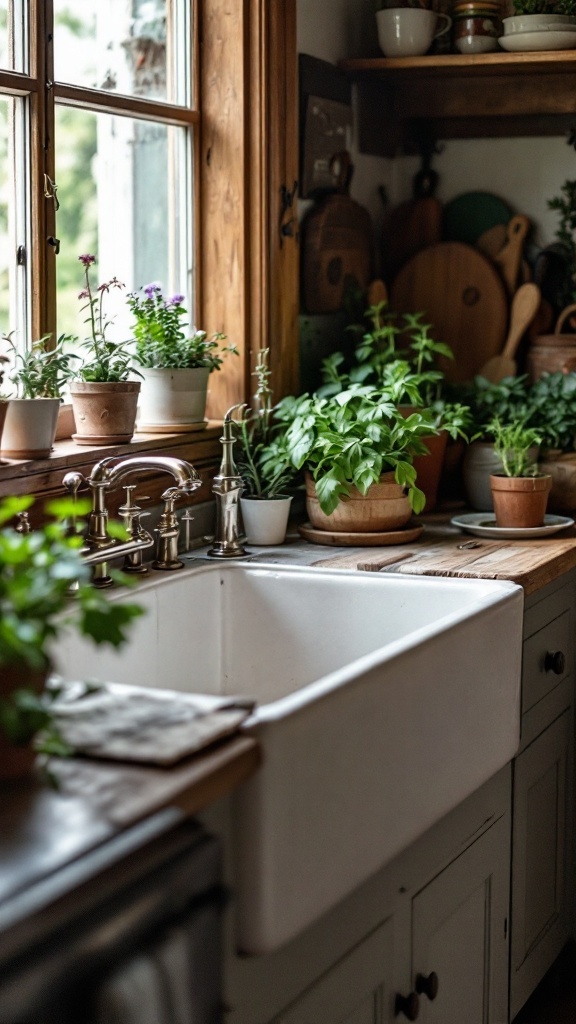 Charming farmhouse sink in a cozy cottage kitchen with plants and wooden accents.
