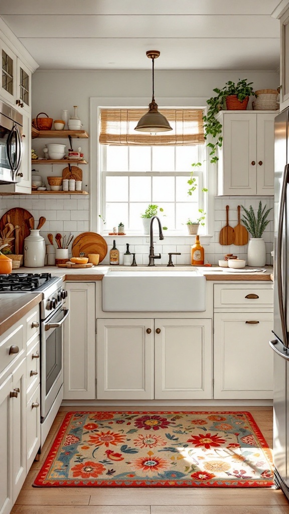 Cozy cottage kitchen with a colorful floral area rug in front of a farmhouse sink.