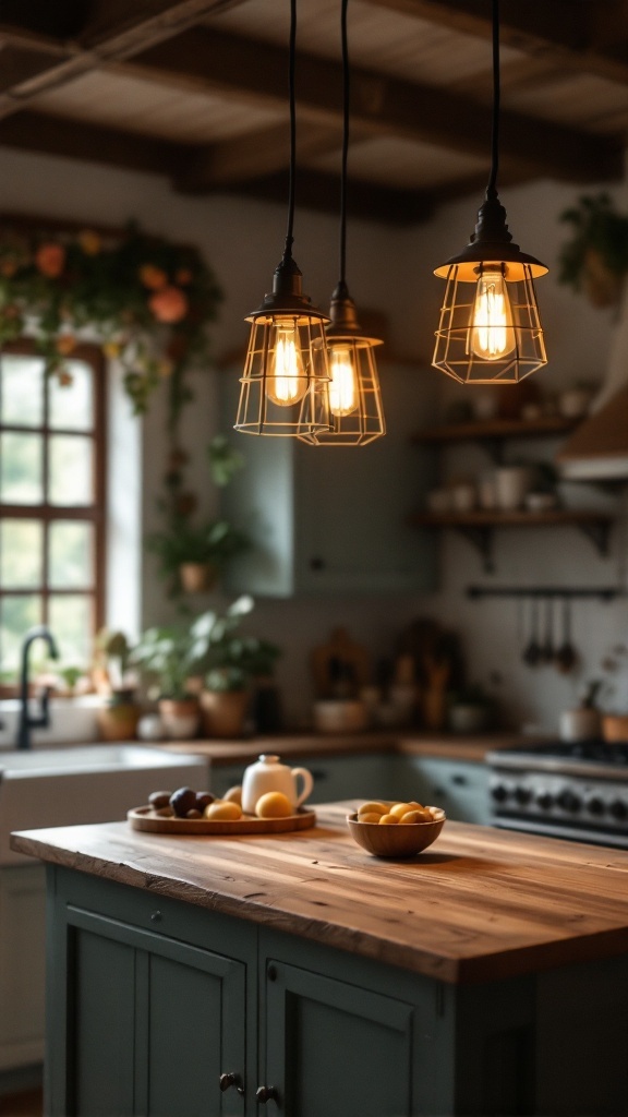 A cozy cottage kitchen featuring three pendant lights above a wooden countertop, surrounded by plants and rustic decor.