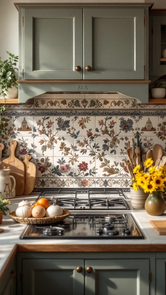 A cozy cottage kitchen featuring a decorative floral tile backsplash, green cabinets, and wooden accents.
