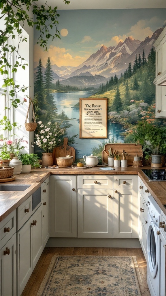 A cozy cottage kitchen featuring a beautiful mural of mountains and a river, complemented by natural decor and a framed quote.