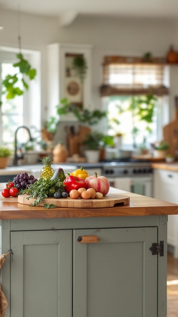 A cozy kitchen island with fresh fruits and vegetables, surrounded by plants and soft cabinetry.