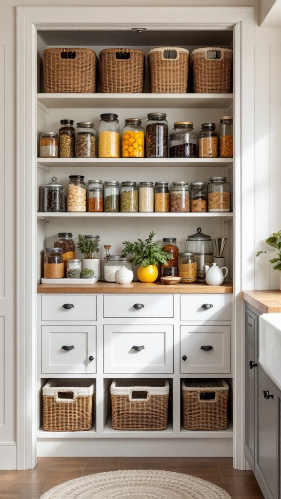 A well-organized pantry with clear jars, woven baskets, and drawers in a cozy cottage kitchen.