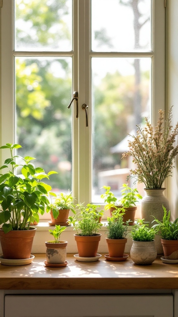A cozy windowsill with various potted herbs in a bright kitchen