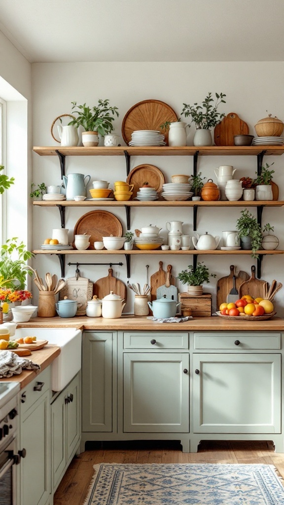 Cozy cottage kitchen with open shelving displaying various dishes and greenery.