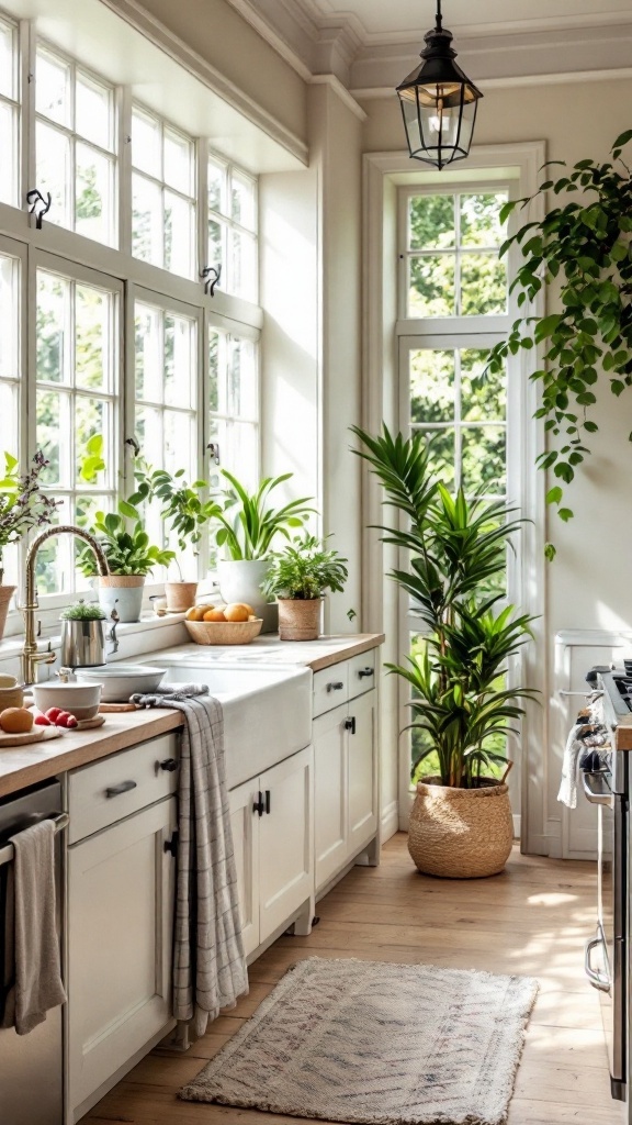 Bright kitchen with large windows and plants
