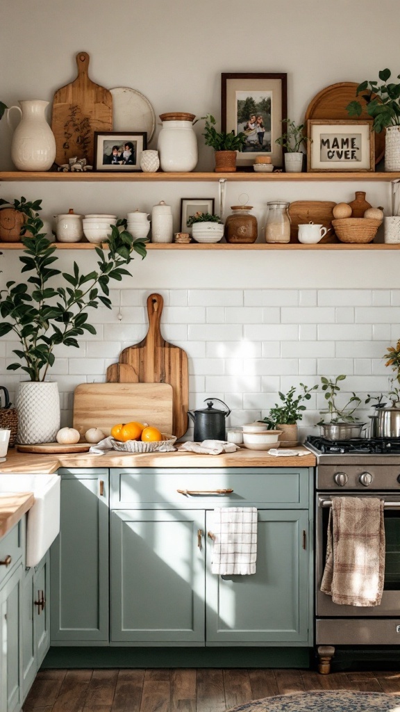 A cozy cottage kitchen featuring green cabinets, open shelves with decor, and a warm atmosphere.