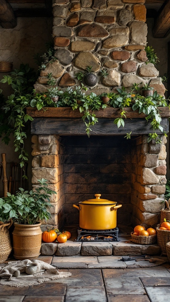 A rustic stone fireplace in a cozy cottage kitchen, adorned with plants and a yellow cooking pot, surrounded by pumpkins and a woven basket.