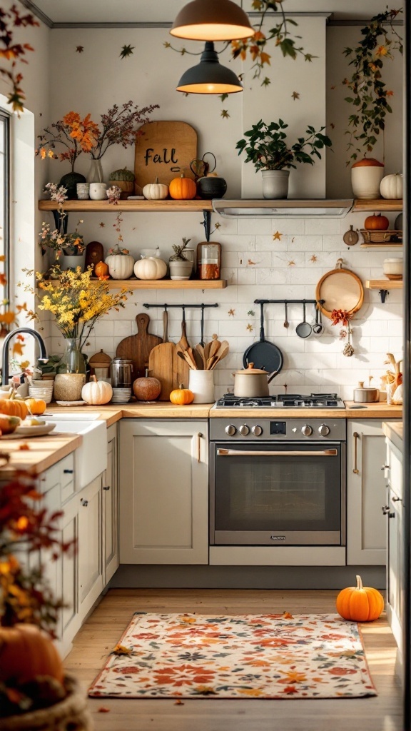 Cozy cottage kitchen decorated for fall with pumpkins, flowers, and autumn leaves.