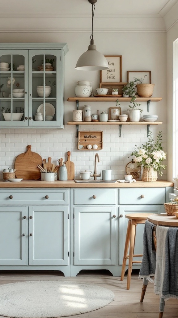 Cozy cottage kitchen featuring soft pastel colors and wooden accents