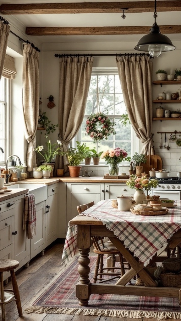 Cozy cottage kitchen featuring textured fabric accents like curtains and a plaid tablecloth.