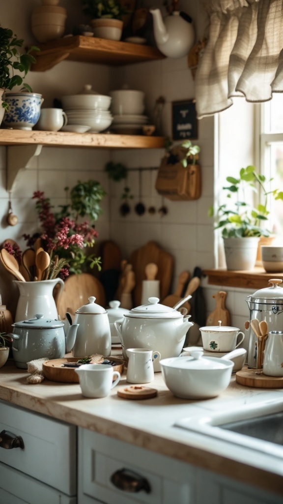 Cozy cottage kitchen with vintage kitchenware displayed on wooden shelves and countertop.