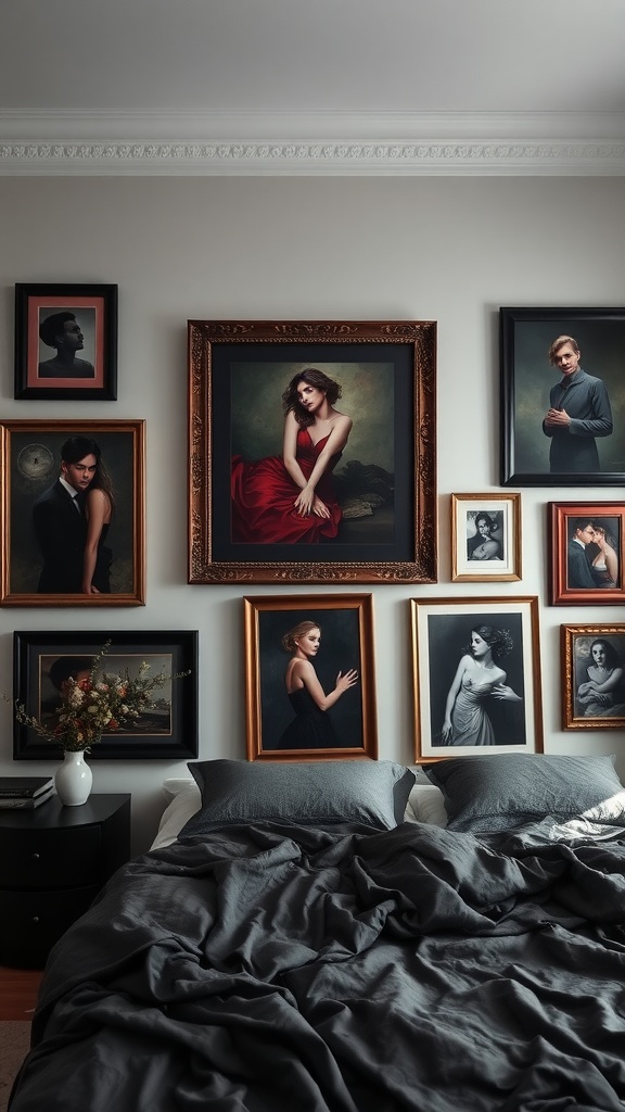 A dark romantic bedroom featuring an array of artistic portraits in ornate frames.