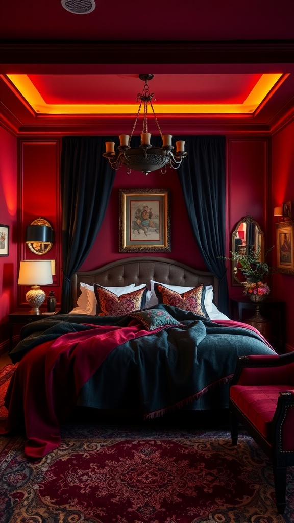 A dark romantic bedroom featuring deep red walls, elegant decor, and soft lighting.