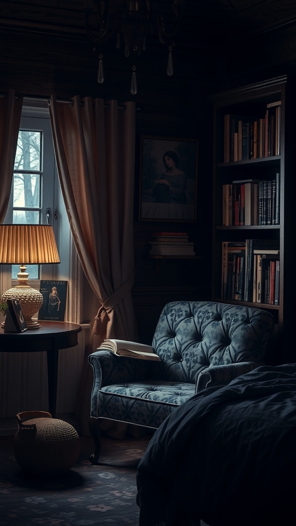 A cozy nook in a dark romantic bedroom featuring a plush armchair, a small table with a lamp, and a bookshelf.