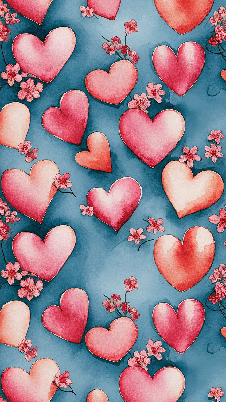 A pattern of pink and red watercolor hearts with flowers on a blue background.