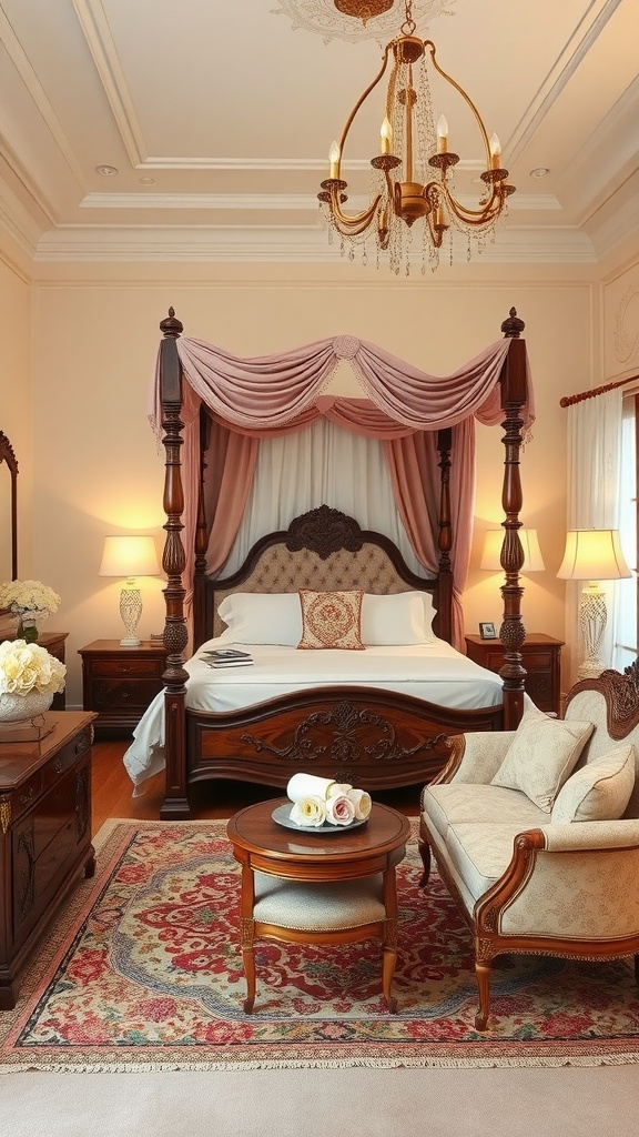 A beautifully decorated dark romantic bedroom featuring a four-poster bed, elegant armchair, and a stylish chandelier.