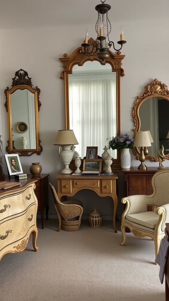 A vintage-inspired bedroom corner with ornate mirrors, classic furniture, and soft lighting.