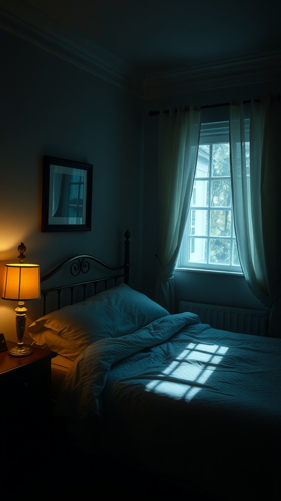 A cozy dark romantic bedroom with soft lighting from a bedside lamp.